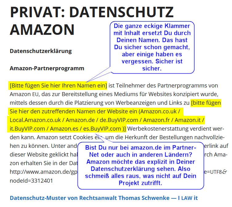 Amazon-Datenschutztext vollständig ausfüllen