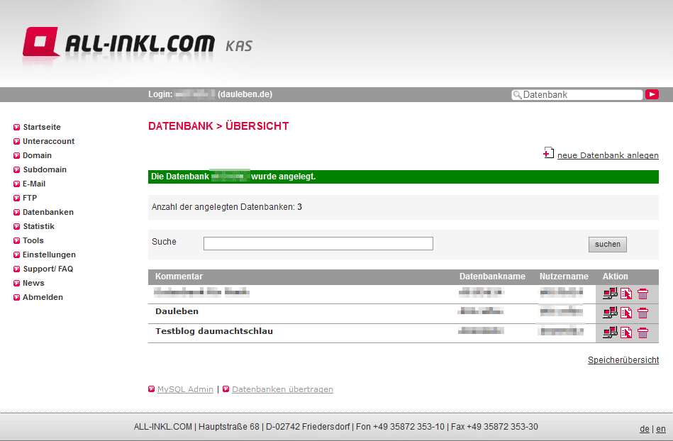 Neue Datenbank wird im KAS angezeigt
