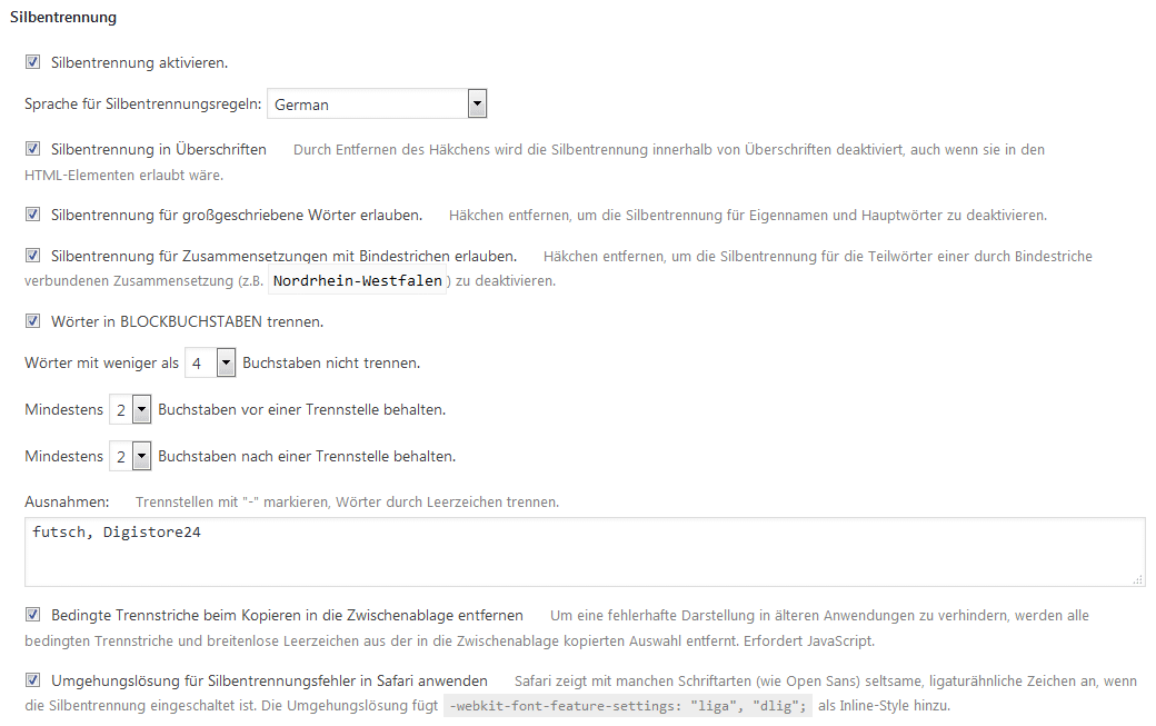 Silbentrennung, Einstellungen in WP Typography