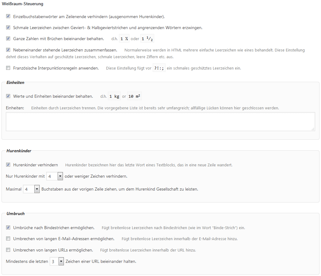 Weißraumsteuerung, Einstellungen in WP Typography