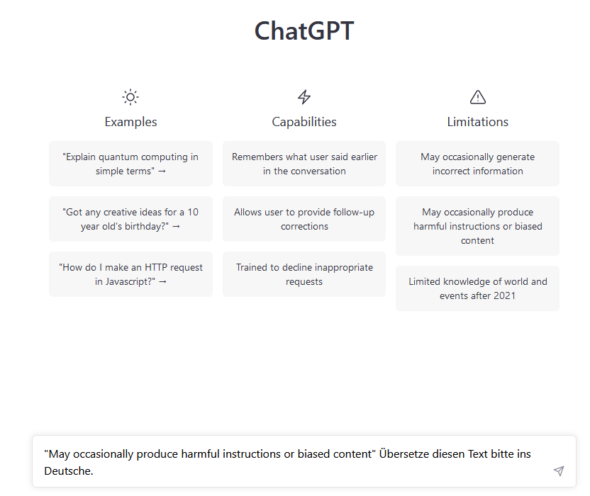 Ich habe einen der Erklärungstexte von ChatGPT im Adminbereich ins Eingabefenster kopiert und die Software gebeten, ihn ins Deutsche zu übersetzen.